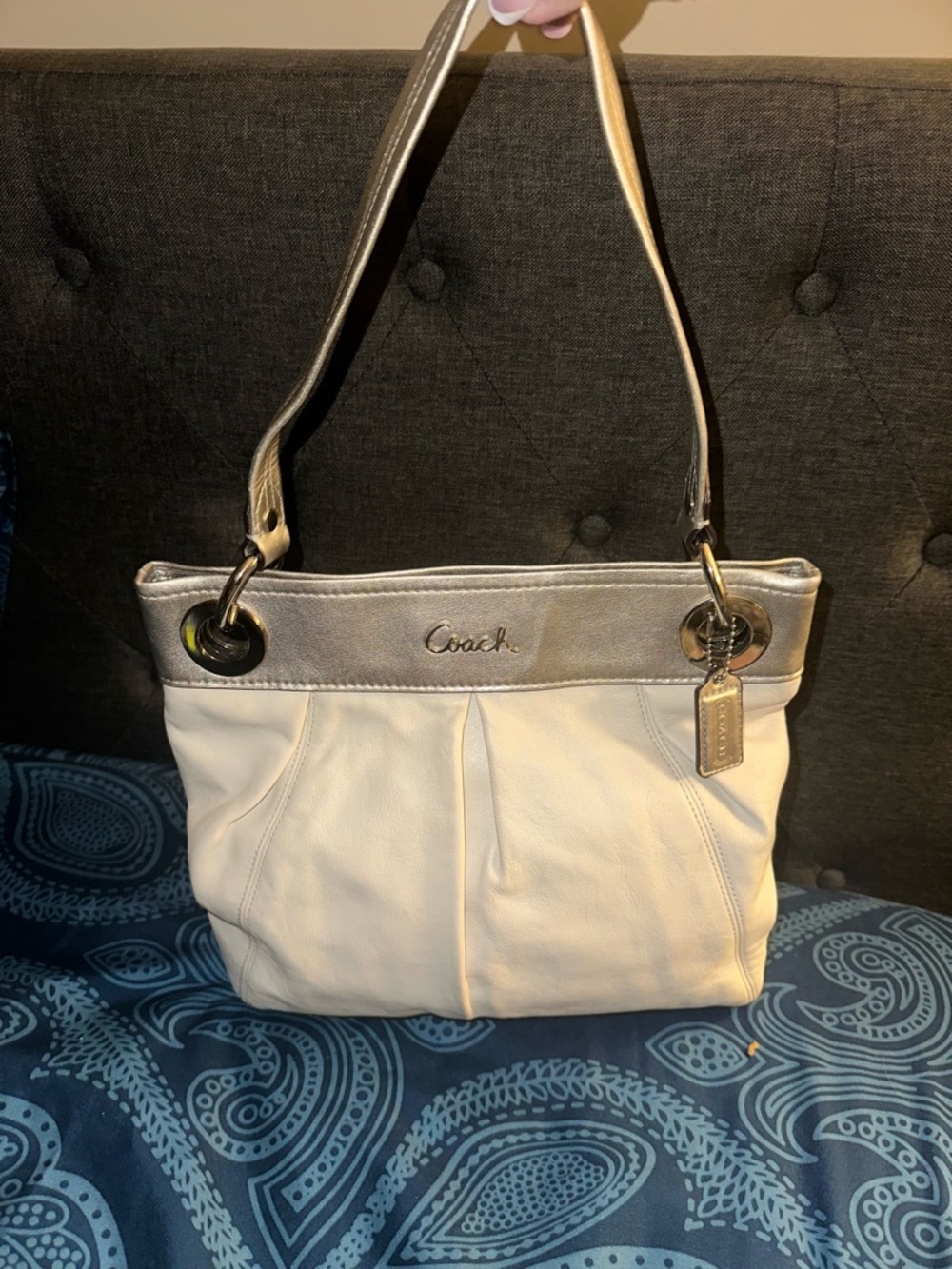 Coach Ashley Cream and Silver Leather Shoulder Tote 17605